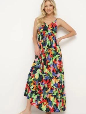 Czarno-Zielona Wiskozowa Sukienka na Ramiączkach z Kopertowym Dekoltem i Gumką w Talii z Tiamalen cflo