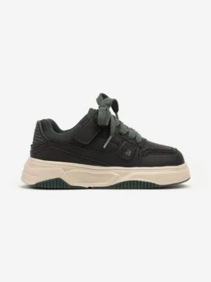 Czarno-Zielone Buty Sportowe Sneakersy ze Skórzaną Wkładką na Grubej Podeszwie Zapinane na Rzep Evirissa