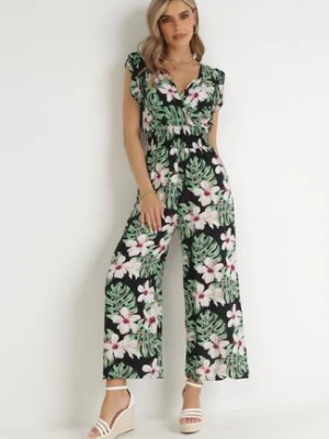 Czarno-Zielony Bawełniany Kombinezon z Długimi Nogawkami w Kwiatowy Wzór Daina defox