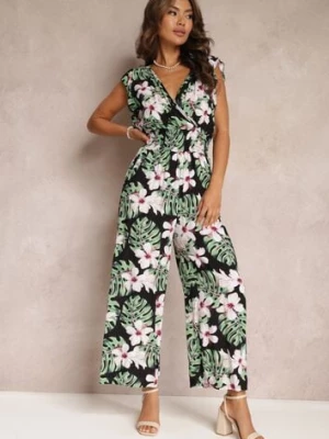 Czarno-Zielony Długi Kombinezon Bawełniany w Kwiaty Vegita defox