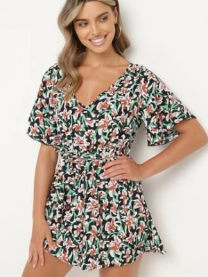 Czarno-Zielony Kombinezon z Gumką w Pasie z Materiałowym Paskiem Tessianna defox