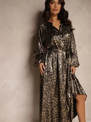 Czarno-Złota Połyskująca Sukienka w Panterkę Wiązana w Pasie Alissin lovery
