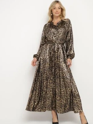 Czarno-Złota Sukienka w Panterkę z Efektem Połysku i Wiązanym Paskiem Issadia lovery