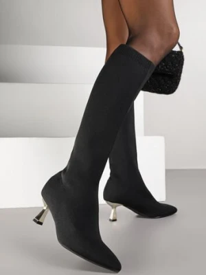 Czarno-Złote Kozaki Vices na Kaczuszce Ozdobione Skarpetową Cholewką Asonelle