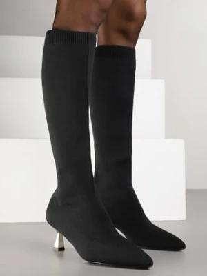 Czarno-Złote Kozaki Vices na Obcasie Kaczuszce z Elastyczną Cholewką Asenella