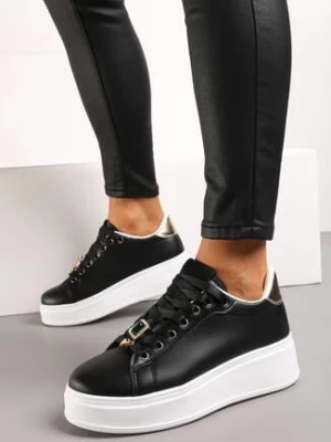 Czarno-Złote Sneakersy na Grubej Podeszwie przed Kostkę z Metalowymi Zawieszkami Ozdobionymi Cyrkoniami Nasulla