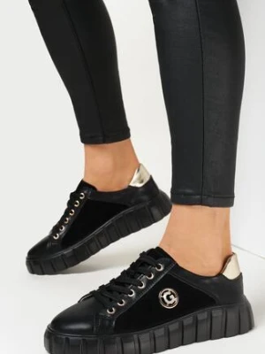 Czarno-Złote Sneakersy Skórzane na Grubej Podeszwie Cremini