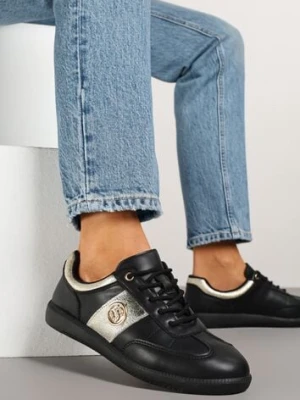 Czarno-Złote Sneakersy Skórzane Typu Kultowe Tenisówki z Metaliczną Aplikacją Ollisena