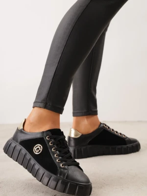 Czarno-Złote Sneakersy ze Skóry Naturalnej na Niskiej Platformie z Metalowymi Akcentami Rilmi Goodin