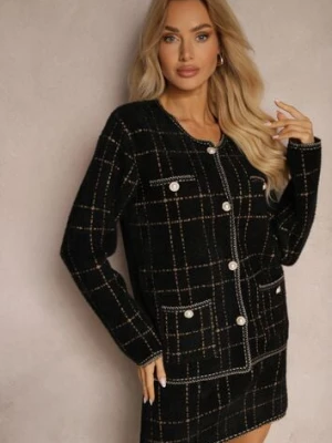 Czarno-Złoty Dzianinowy Elegancki Komplet z Kardiganem i Spódnicą w Kratkę Railey