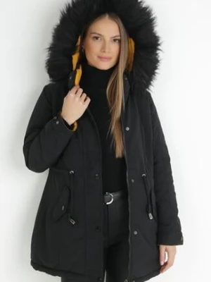 Czarno-Żółta Kurtka Dwustronna Pikowana z Kapturem z Futerkiem Amerina h&s