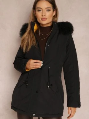 Czarno-Żółta Kurtka Dwustronna Pikowana z Kapturem z Futerkiem Armenia h&s