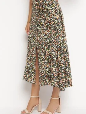 Czarno-Żółta Midi Spódnica z Wiskozy w Kwiatowy Print z Materiałowym Paskiem Omona rosa