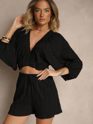 Czarny 2-Częściowy Komplet Bluzka z Głębokim Dekoltem Szorty z Gumką w Talii Gemvia jumelle