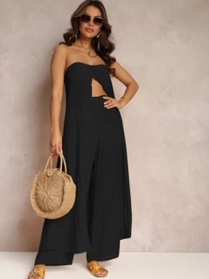 Czarny 2-częściowy Komplet Długi Top i Spodnie z Gumką w Pasie i Szerokimi Nogawkami Bincina