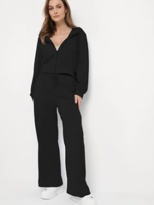 Czarny 2-częściowy Komplet Dresowy Krótka Bluza z Kapturem Spodnie z Gumką w Pasie Faelle