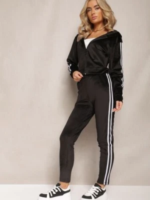 Czarny 2-Częściowy Komplet Dresowy z Weluru z Ozdobnymi Lampasami Bluza i Spodnie Anelpe