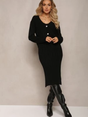 Czarny 2-częściowy Komplet Dzianinowy z Sukienką i Kardiganem Finariel