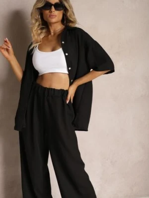 Czarny 2-Częściowy Komplet Koszula z Krótkim Rękawem Spodnie z Gumką w Pasie Vimacia