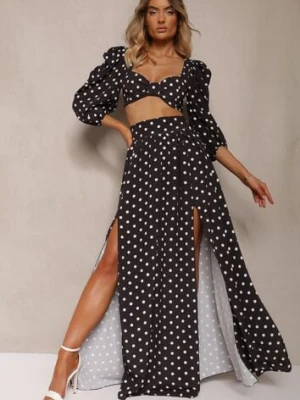 Czarny 2-Częściowy Komplet w Kropki Krótki Top z Dekoltem Spódnica z Gumką w Talii Wandrea