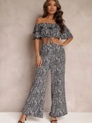 Czarny 2-częściowy Komplet z Szerokimi Spodniami i Topem z Falbanką Ariettneh