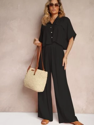 Czarny 2-Częściowy Komplet z Wiskozy Koszula o Luźnym Kroju Szerokie Spodnie Velvitela