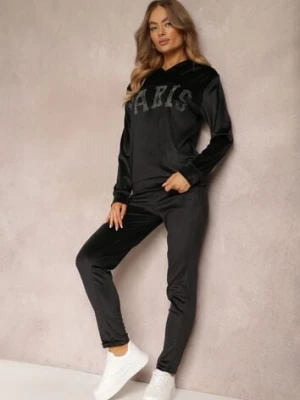 Czarny 2-częściowy Welurowy Komplet Dresowy z Bluzą i Spodniami Yamiya