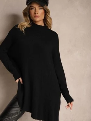 Czarny Asymetryczny Golf z Wiskozą z Rękawami o Nietoperzowym Kroju Realeen m&d fashion