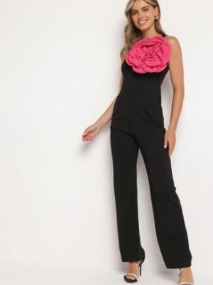 Czarny Asymetryczny Kombinezon z Prostymi Długimi Nogawkami Ozdobiony Kwiatem Yillea cflo