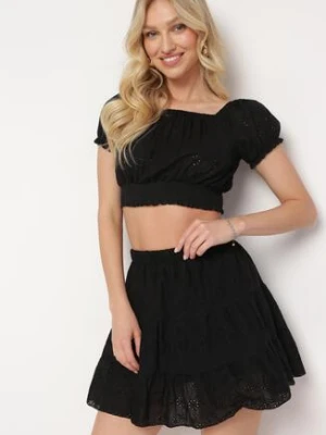 Czarny Ażurowy Komplet z Bawełny Top z Krótkim Rękawem Spódnica z Gumką w Talii Efirie defox
