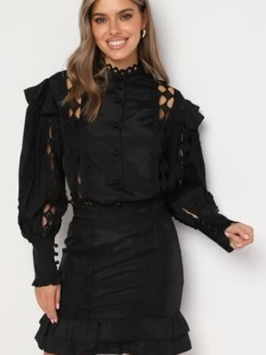 Czarny Ażurowy Komplet z Dodatkiem Bawełny Koszula z Perełkowymi Guzikami i Spódnica Leniyana