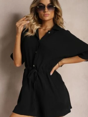 Czarny Bawełniany Kombinezon Muślinowy Ozdobiony Troczkami Zapinany na Guziki Dlissa jumelle