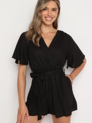Czarny Bawełniany Kombinezon z Kopertowym Dekoltem i Materiałowym Paskiem w Talii Viklie melya by melody