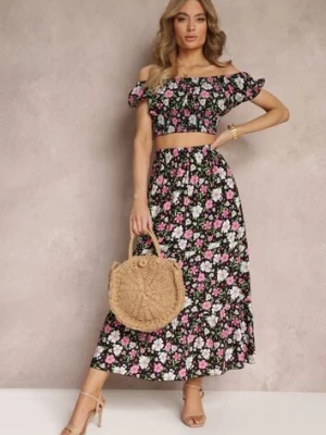 Czarny Bawełniany Komplet 2-częściowy w Kwiaty Malenis