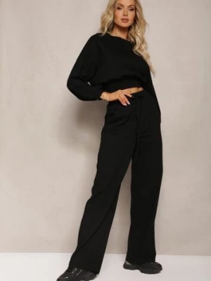 Czarny Bawełniany Komplet Bluza Krótka ze Ściągaczem i Szerokie Spodnie ze Sznurkiem w Pasie Rionnea