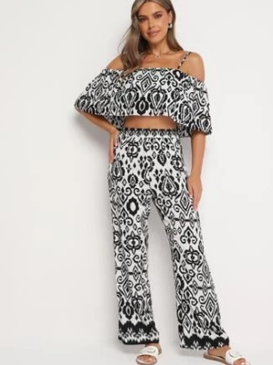 Czarno-Biały Bawełniany Komplet Bluzka na Ramiączkach Spodnie z Gumką w Pasie Charivia