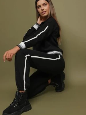 Czarny Bawełniany Komplet Dresowy Bluza Kangurka i Spodnie z Lampasami Cantoe