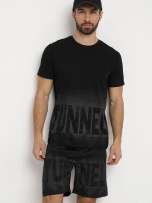 Czarny Bawełniany Komplet Dresowy Koszulka z Nadrukiem i Szorty z Kieszeniami Bezbia