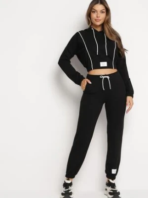 Czarny Bawełniany Komplet Dresowy z Naszywkami i Lampasami Denriks