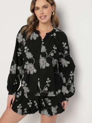 Czarny Bawełniany Komplet Koszula z Szerokimi Rękawami i Spódnico-Spodenki Savrise New Collection