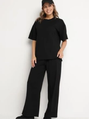 Czarny Bawełniany Komplet Szerokie Spodnie i T-shirt z Rozcięciami Norpio jumelle