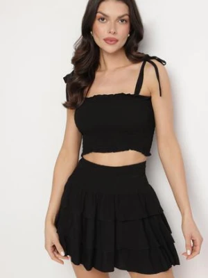 Czarny Bawełniany Komplet Top z Kokardami i Spódnica z Falbanami Saralva defox