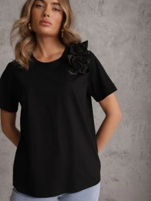 Czarny Bawełniany T-shirt o Klasycznym Kroju z Kwiatowymi Aplikacjami 3D Morgane ambitionfly