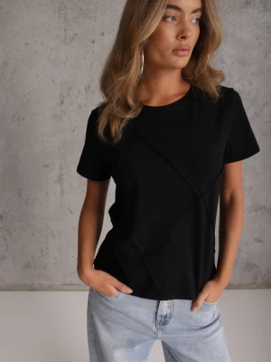 Czarny Bawełniany T-shirt o Klasycznym Kroju z Ozdobnymi Przeszyciami w Romby Luara Rosse Line