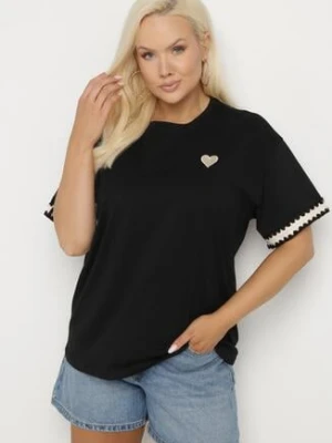 Czarny Bawełniany T-shirt o Kroju Oversize ze Zdobieniem przy Rękawach Milatia melya by melody