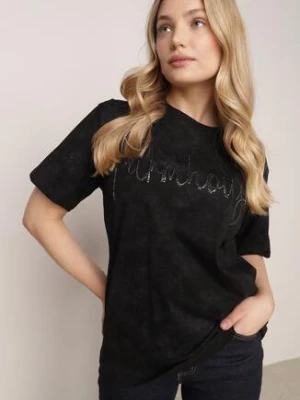 Zdjęcie produktu Czarny Bawełniany T-shirt Oversize z Haftowanym Napisem z Cekinami Aewai romee's