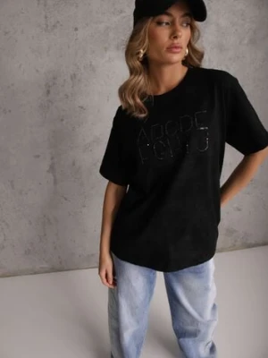 Czarny Bawełniany T-shirt Oversize z Haftowanym Napisem z Cekinami Talomora romee's