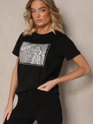 Czarny Bawełniany T-shirt Oversize z Nadrukiem Imitującym Zebrę Nalornis defox