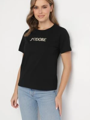 Czarny Bawełniany T-shirt Ozdobiony Napisem Nalaviraen defox