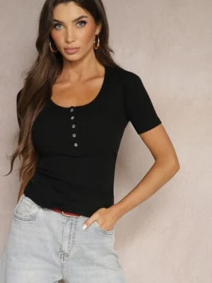 Czarny Bawełniany T-shirt Prążkowany z Guzikami Florvivi elsa.m by may